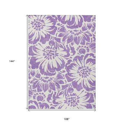 9' X 12' Purple and Ivory Floral Washable Non Skid Indoor Outdoor Area Rug