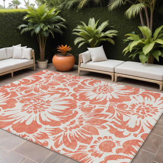 8' X 10' Salmon and Ivory Floral Washable Non Skid Indoor Outdoor Area Rug