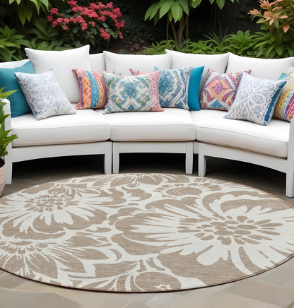 8' X 8' Taupe and Ivory Round Floral Washable Non Skid Indoor Outdoor Area Rug