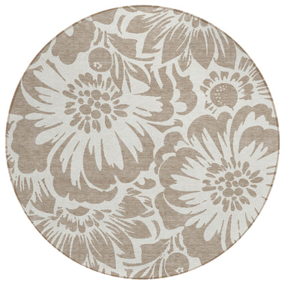 8' X 8' Taupe and Ivory Round Floral Washable Non Skid Indoor Outdoor Area Rug