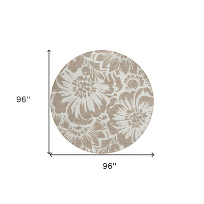 8' X 8' Taupe and Ivory Round Floral Washable Non Skid Indoor Outdoor Area Rug