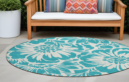 8' X 8' Teal and Ivory Round Floral Washable Non Skid Indoor Outdoor Area Rug