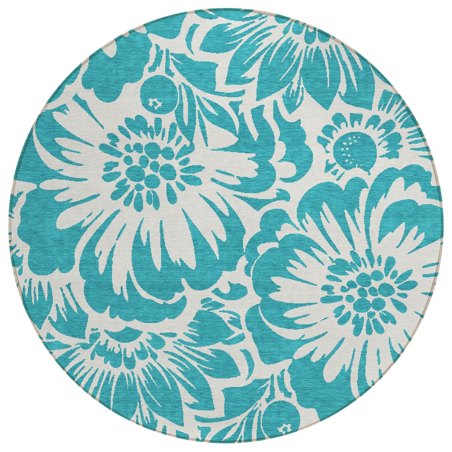 8' X 8' Teal and Ivory Round Floral Washable Non Skid Indoor Outdoor Area Rug