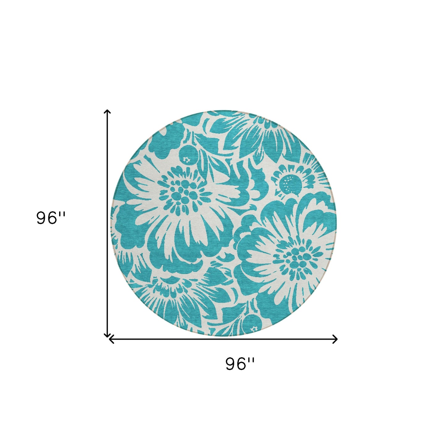 8' X 8' Teal and Ivory Round Floral Washable Non Skid Indoor Outdoor Area Rug