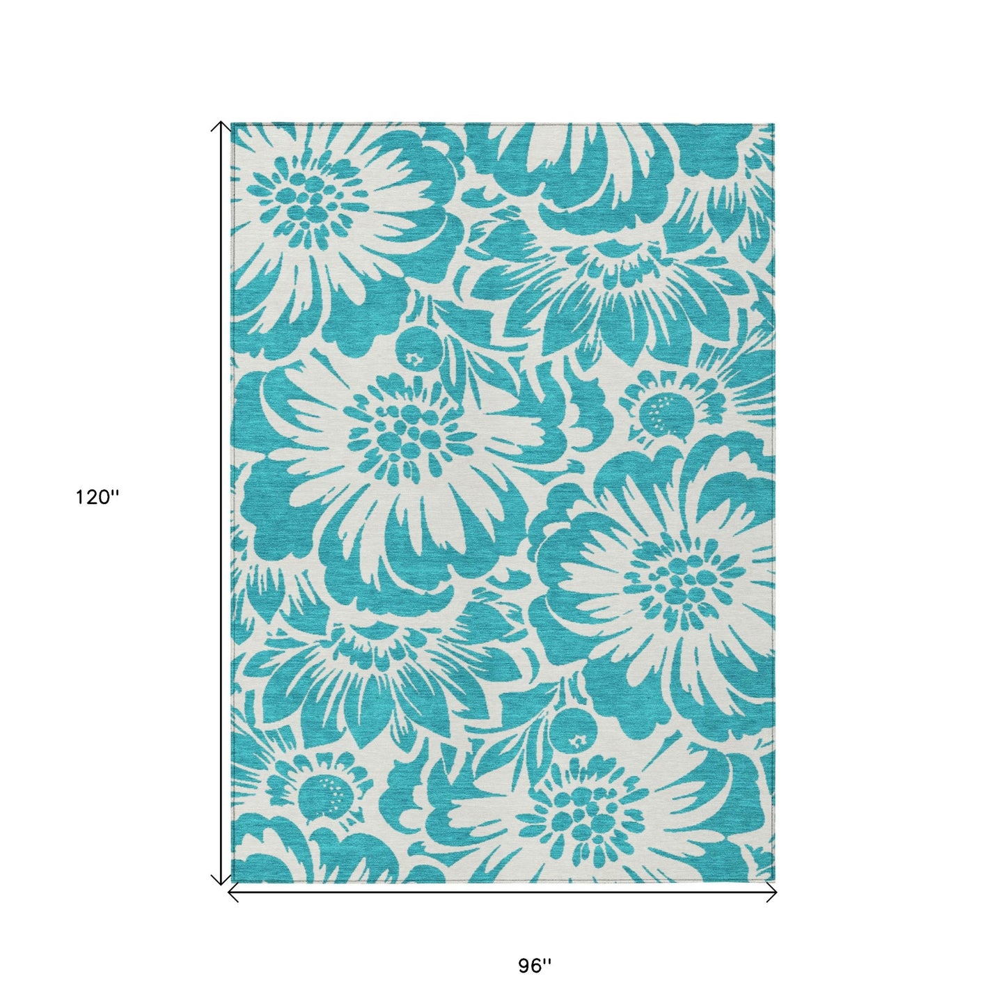 8' X 10' Teal and Ivory Floral Washable Non Skid Indoor Outdoor Area Rug