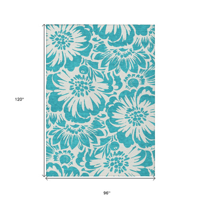 8' X 10' Teal and Ivory Floral Washable Non Skid Indoor Outdoor Area Rug