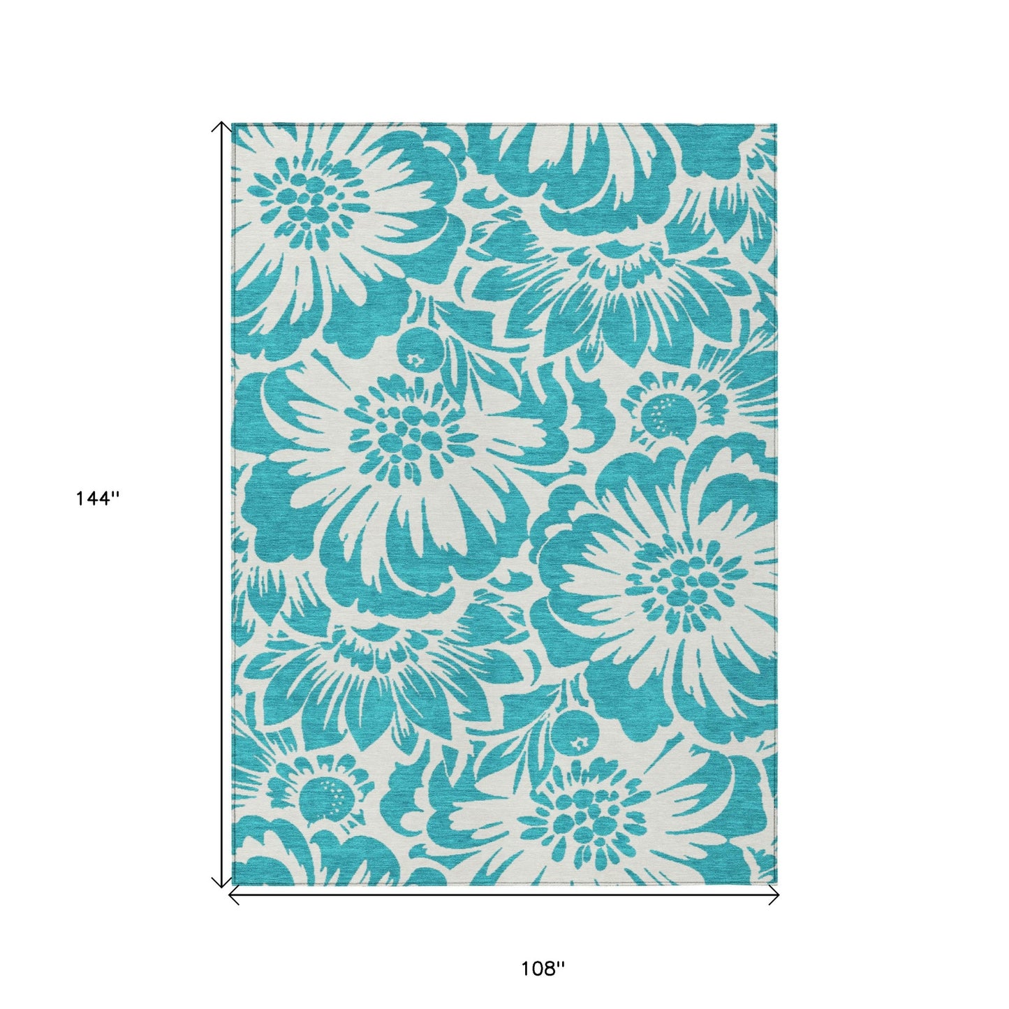 9' X 12' Teal and Ivory Floral Washable Non Skid Indoor Outdoor Area Rug