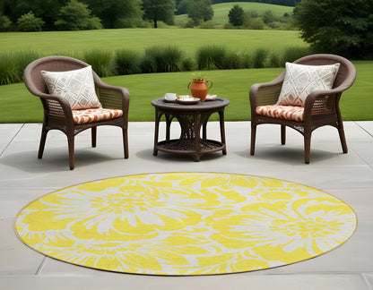 8' X 8' Yellow and Ivory Round Floral Washable Non Skid Indoor Outdoor Area Rug