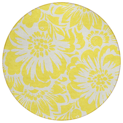 8' X 8' Yellow and Ivory Round Floral Washable Non Skid Indoor Outdoor Area Rug