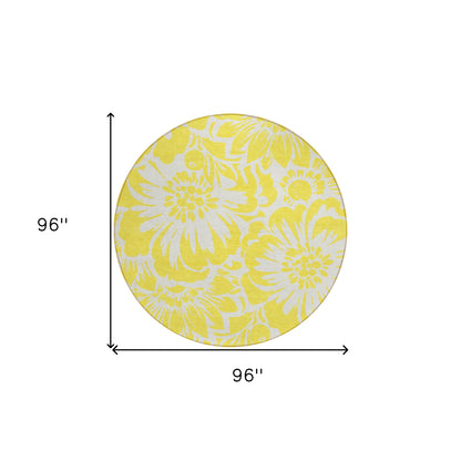 8' X 8' Yellow and Ivory Round Floral Washable Non Skid Indoor Outdoor Area Rug