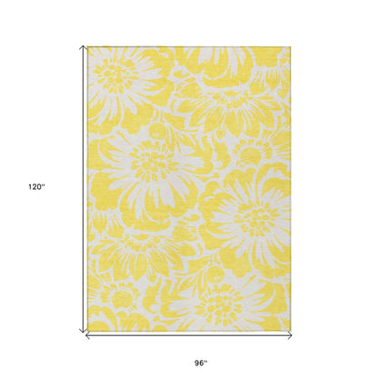 8' X 10' Yellow and Ivory Floral Washable Non Skid Indoor Outdoor Area Rug