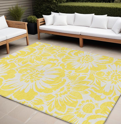 8' X 10' Yellow and Ivory Floral Washable Non Skid Indoor Outdoor Area Rug