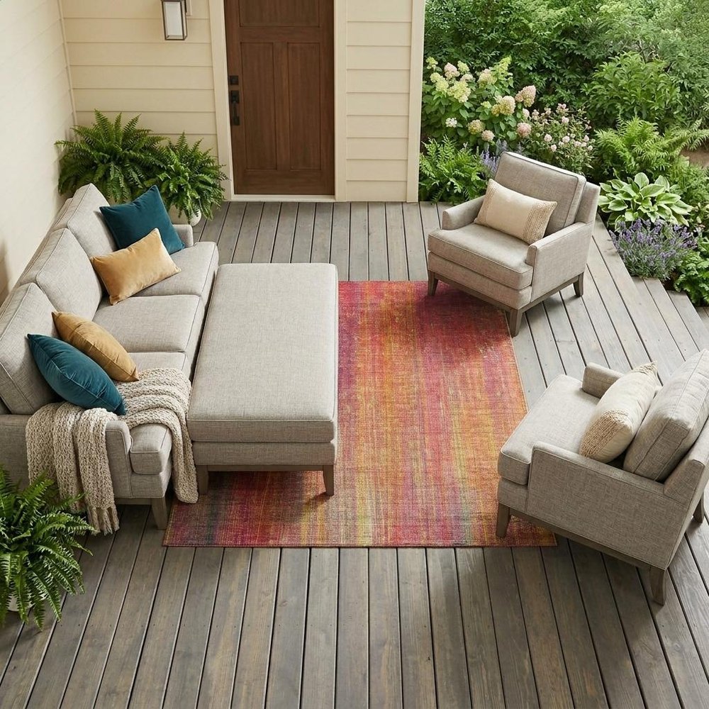 9' X 12' Red and Orange Striped Washable Non Skid Indoor Outdoor Area Rug — view 8