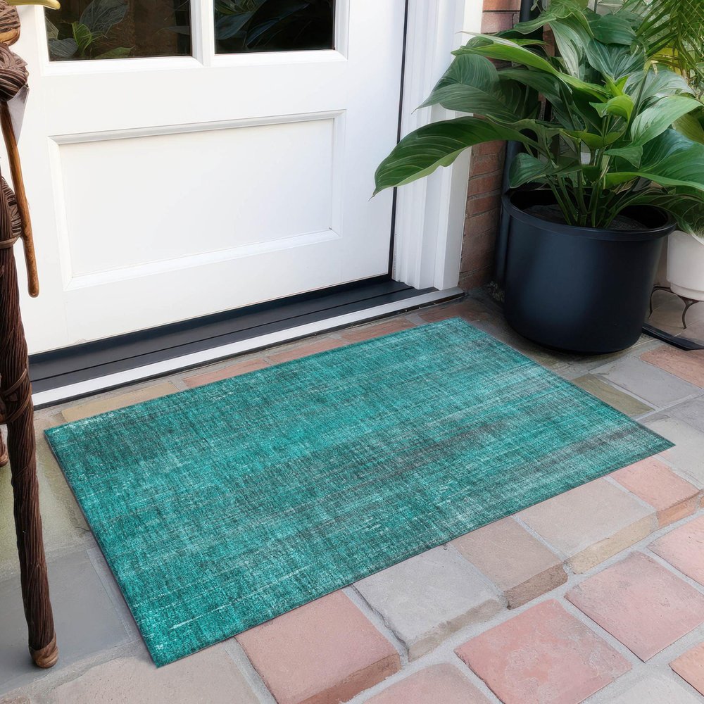 3' X 5' Teal Striped Washable Non Skid Indoor Outdoor Area Rug HomeRoots