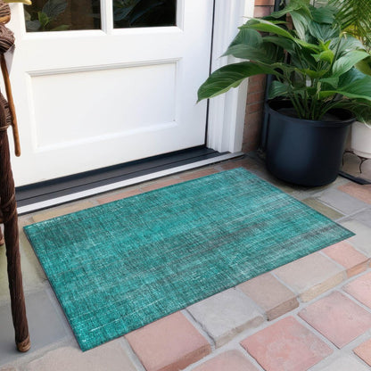 3' X 5' Teal Striped Washable Non Skid Indoor Outdoor Area Rug HomeRoots