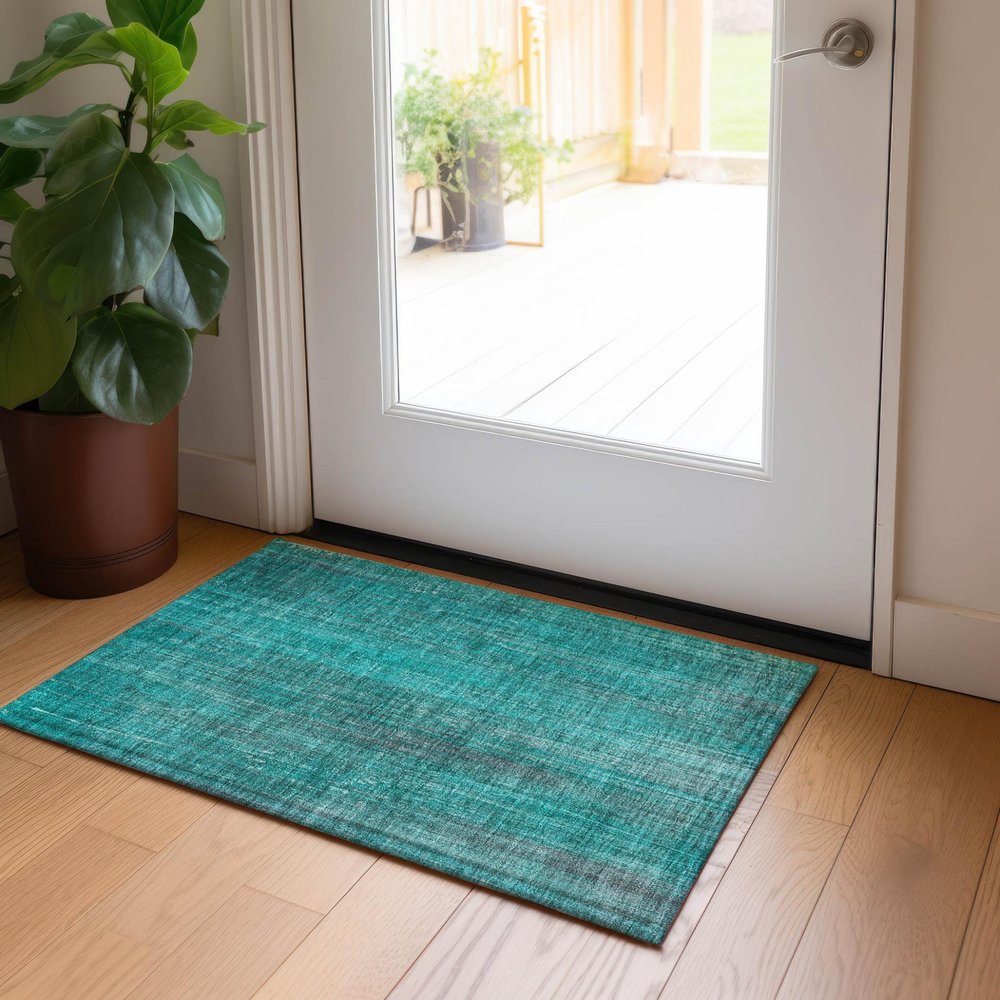 3' X 5' Teal Striped Washable Non Skid Indoor Outdoor Area Rug HomeRoots