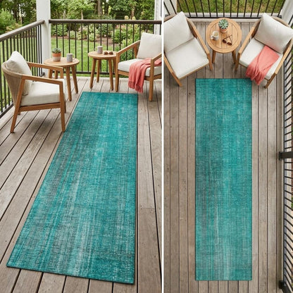 8' Runner Teal Striped Washable Non Skid Indoor Outdoor Runner Rug HomeRoots