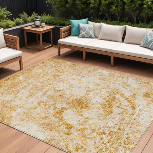 9' X 12' Beige and Gold Abstract Washable Non Skid Indoor Outdoor Area Rug