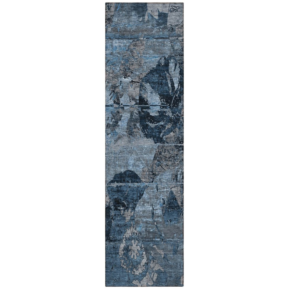 2' X 8' Blue and Dark Blue Abstract Washable Indoor Outdoor Runner Rug — view 1