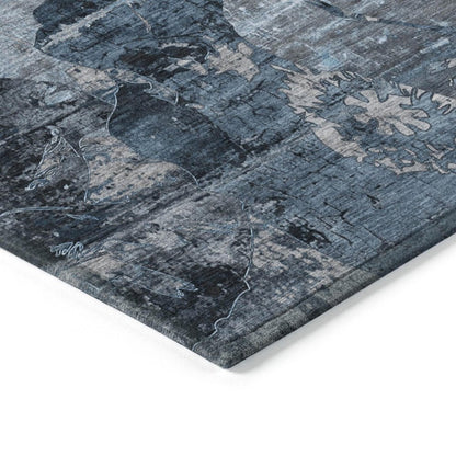 2' X 8' Blue and Dark Blue Abstract Washable Indoor Outdoor Runner Rug