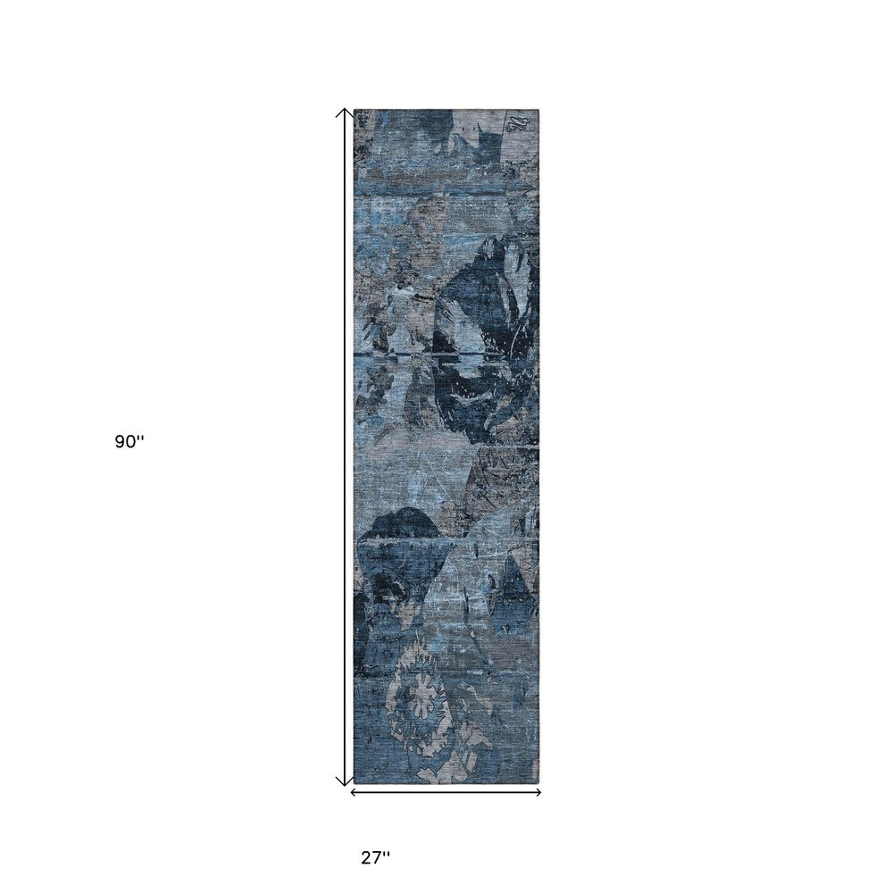 2' X 8' Blue and Dark Blue Abstract Washable Indoor Outdoor Runner Rug HomeRoots