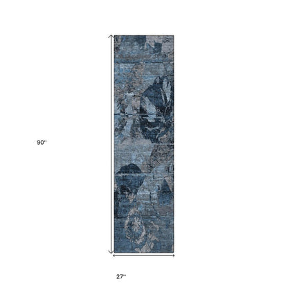 2' X 8' Blue and Dark Blue Abstract Washable Indoor Outdoor Runner Rug