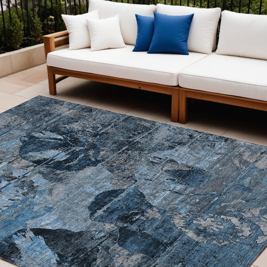 8' X 10' Blue and Dark Blue Floral Washable Non Skid Indoor Outdoor Area Rug