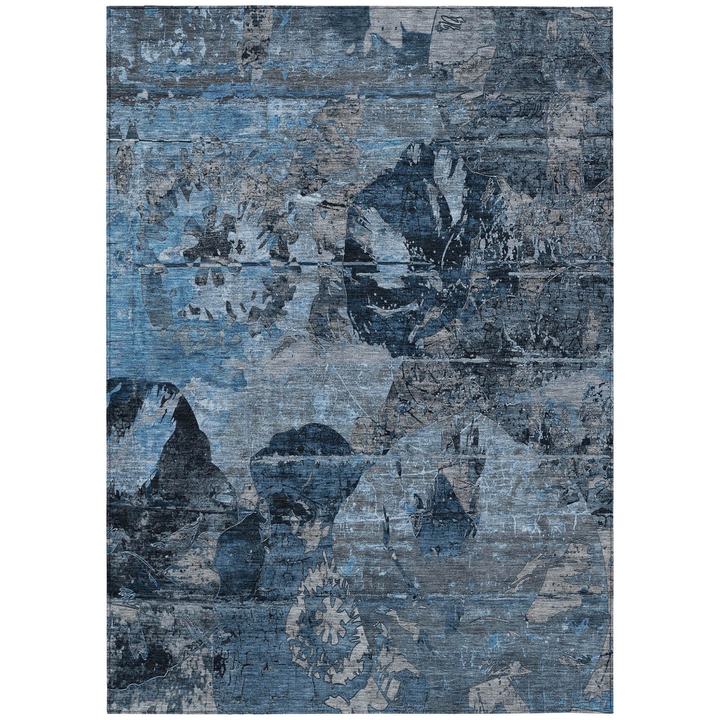 8' X 10' Blue and Dark Blue Floral Washable Non Skid Indoor Outdoor Area Rug