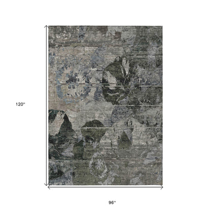 8' X 10' Gray Dark Green and Black Floral Washable Non Skid Indoor Outdoor Area Rug