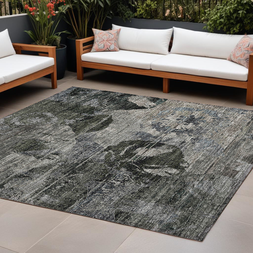 8' X 10' Gray Dark Green and Black Floral Washable Non Skid Indoor Outdoor Area Rug