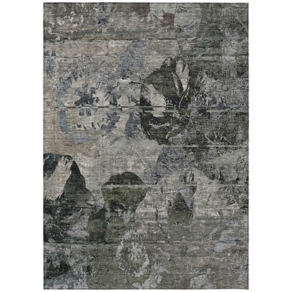 8' X 10' Gray Dark Green and Black Floral Washable Non Skid Indoor Outdoor Area Rug