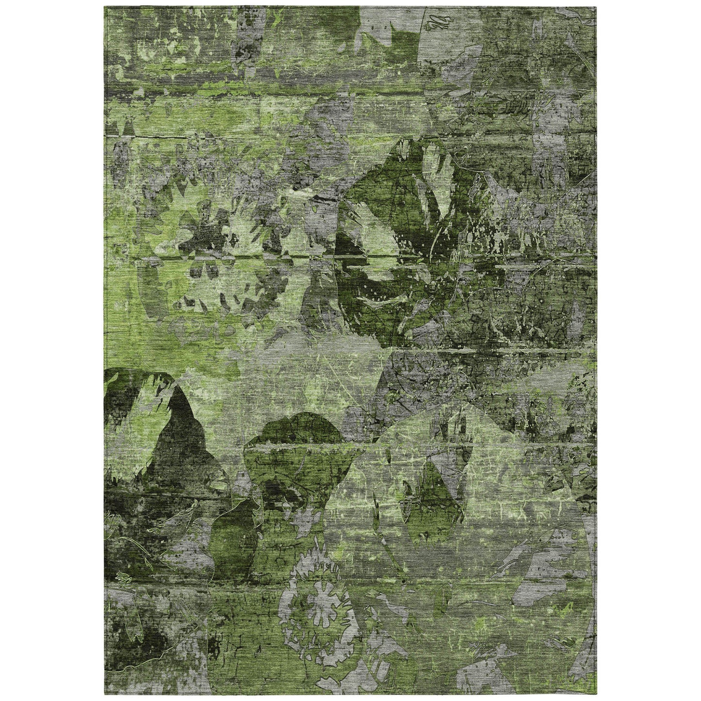 9' X 12' Green and Gray Floral Washable Non Skid Indoor Outdoor Area Rug