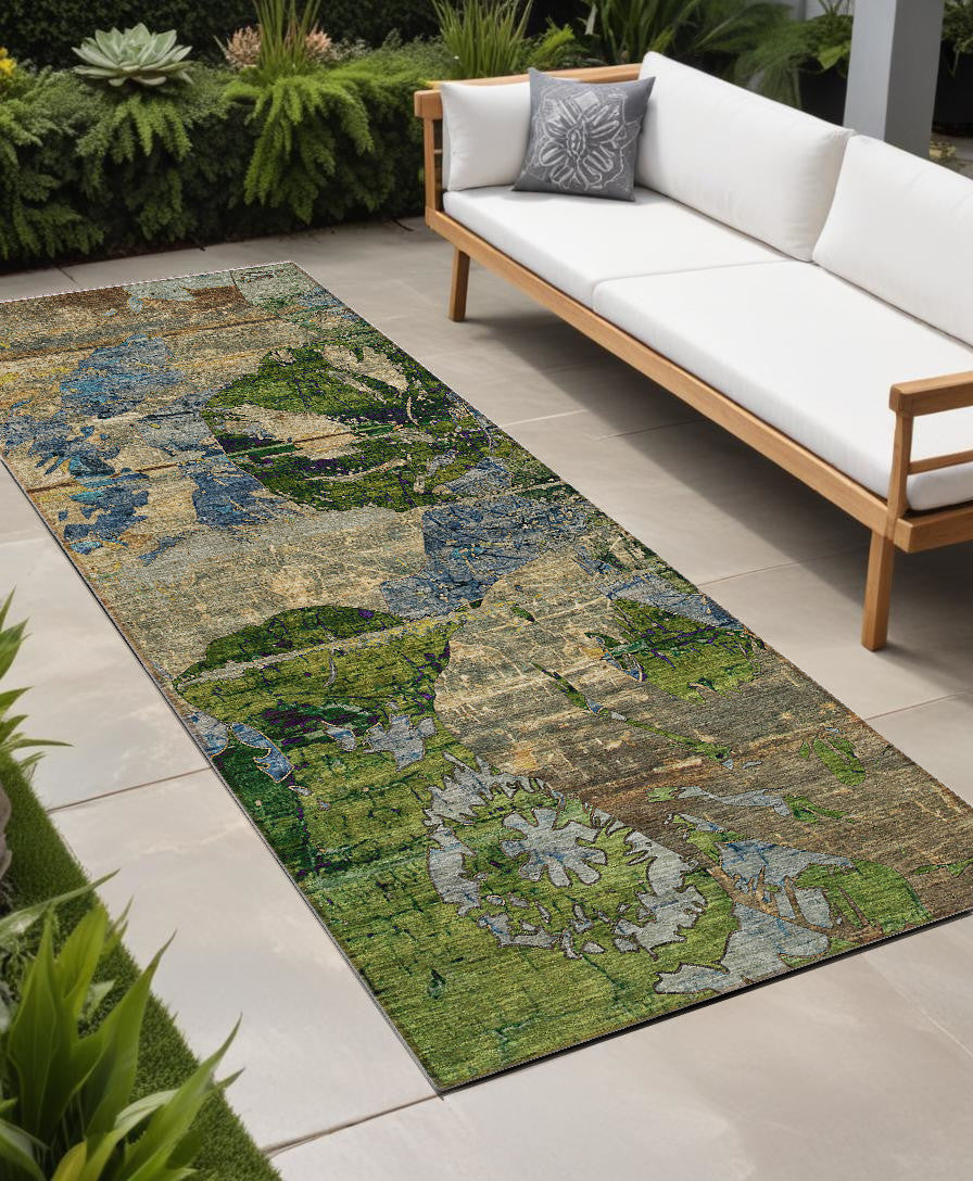 8' Runner Taupe Blue and Green Floral Washable Non Skid Indoor Outdoor Runner Rug