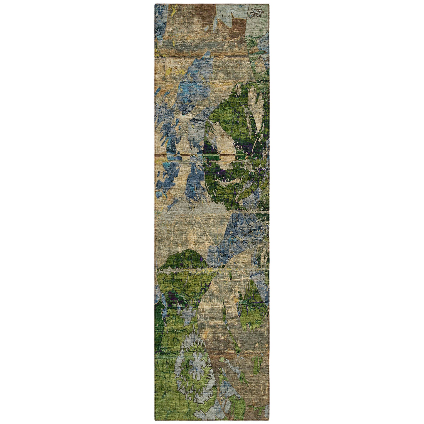 8' Runner Taupe Blue and Green Floral Washable Non Skid Indoor Outdoor Runner Rug