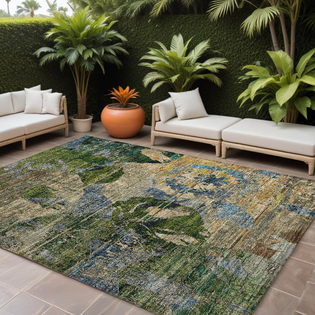 8' X 10' Taupe Blue and Green Floral Washable Non Skid Indoor Outdoor Area Rug