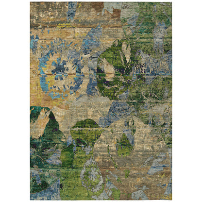 8' X 10' Taupe Blue and Green Floral Washable Non Skid Indoor Outdoor Area Rug