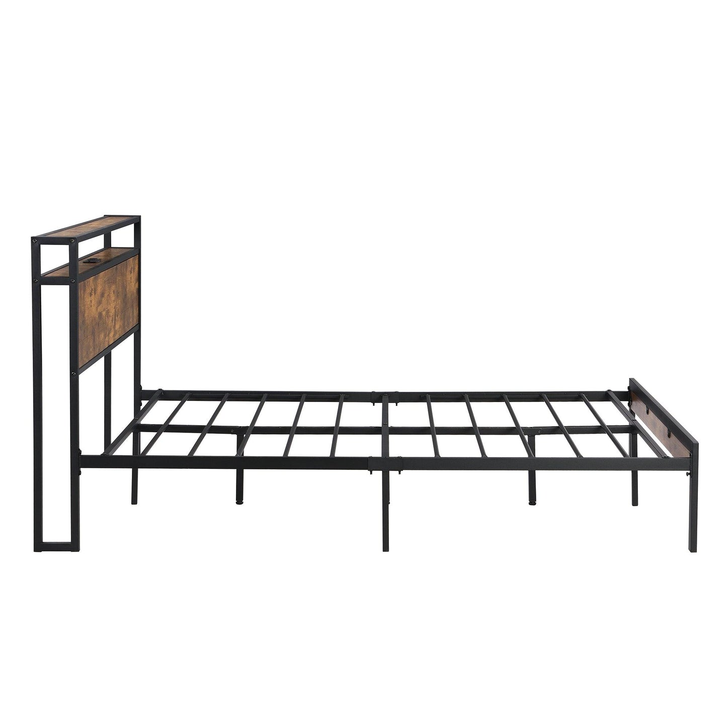 Queen Size Metal Platform Bed Frame with Wooden Headboard and Footboard with USB LINER - FurniFindUSA