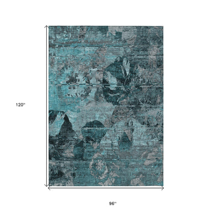 8' X 10' Teal and Gray Floral Washable Non Skid Indoor Outdoor Area Rug