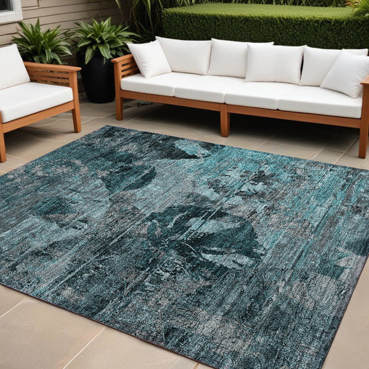 8' X 10' Teal and Gray Floral Washable Non Skid Indoor Outdoor Area Rug