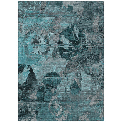 8' X 10' Teal and Gray Floral Washable Non Skid Indoor Outdoor Area Rug