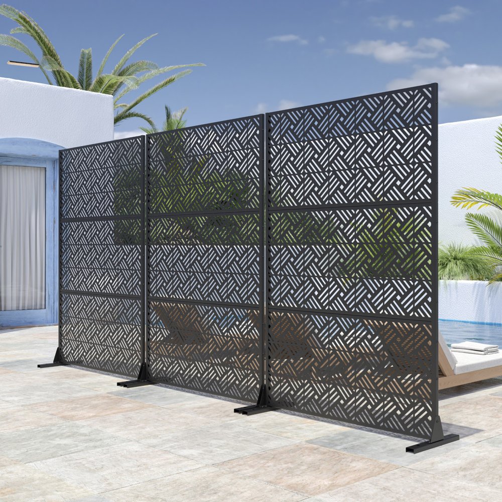 72" Black Steel Three Panel Screen Room Divider HomeRoots