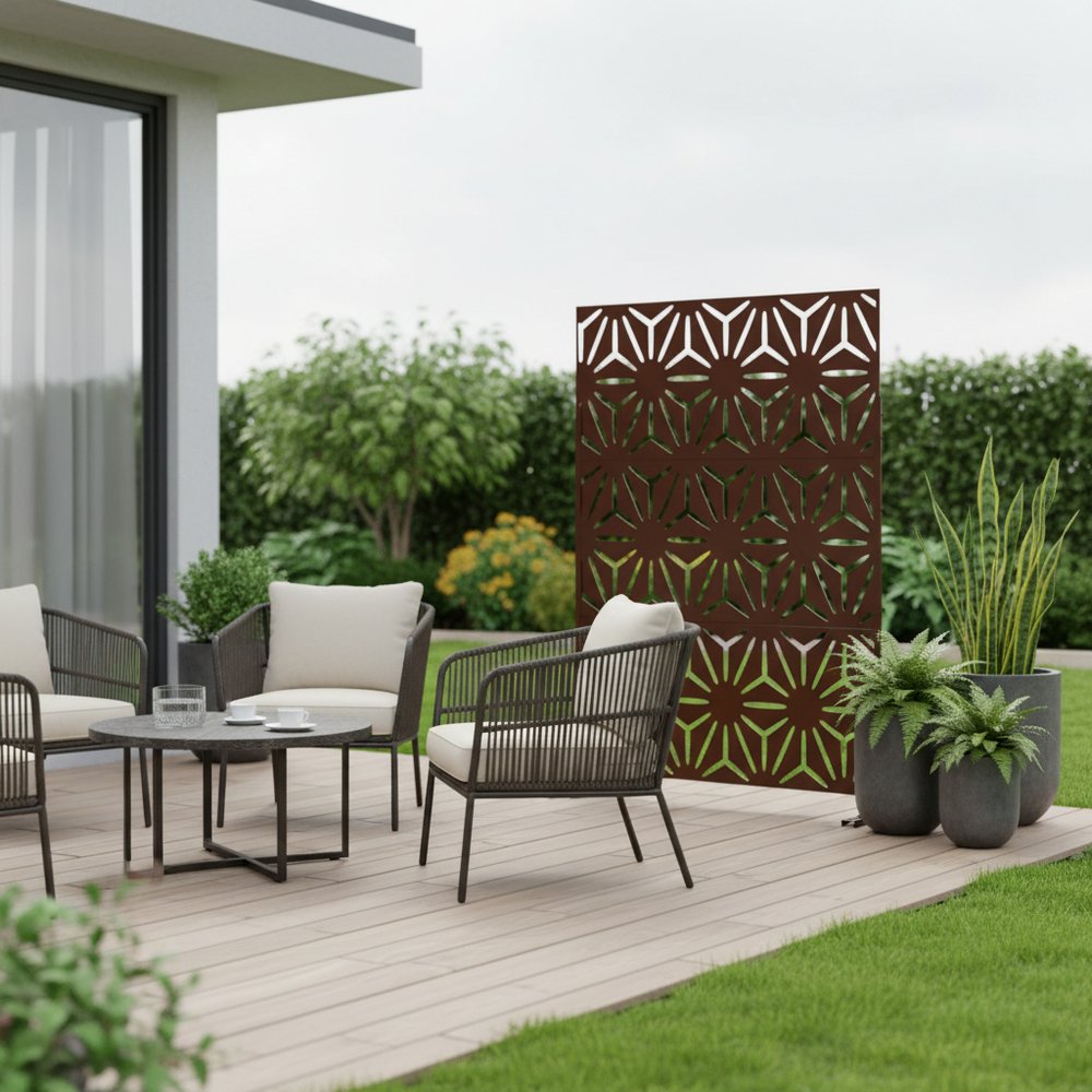 72" Brown Steel Three Panel Screen Room Divider HomeRoots