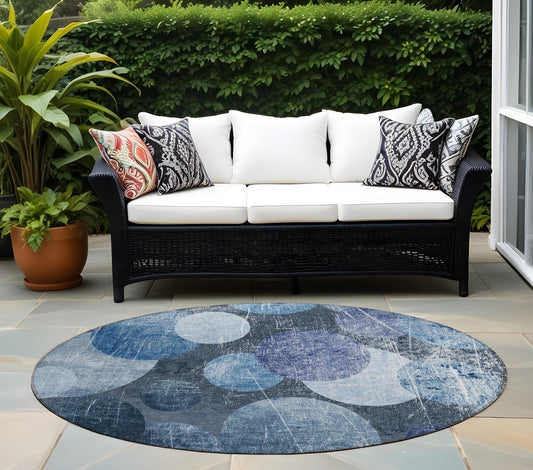 8' X 8' Gray and Blue Round Abstract Washable Non Skid Indoor Outdoor Area Rug