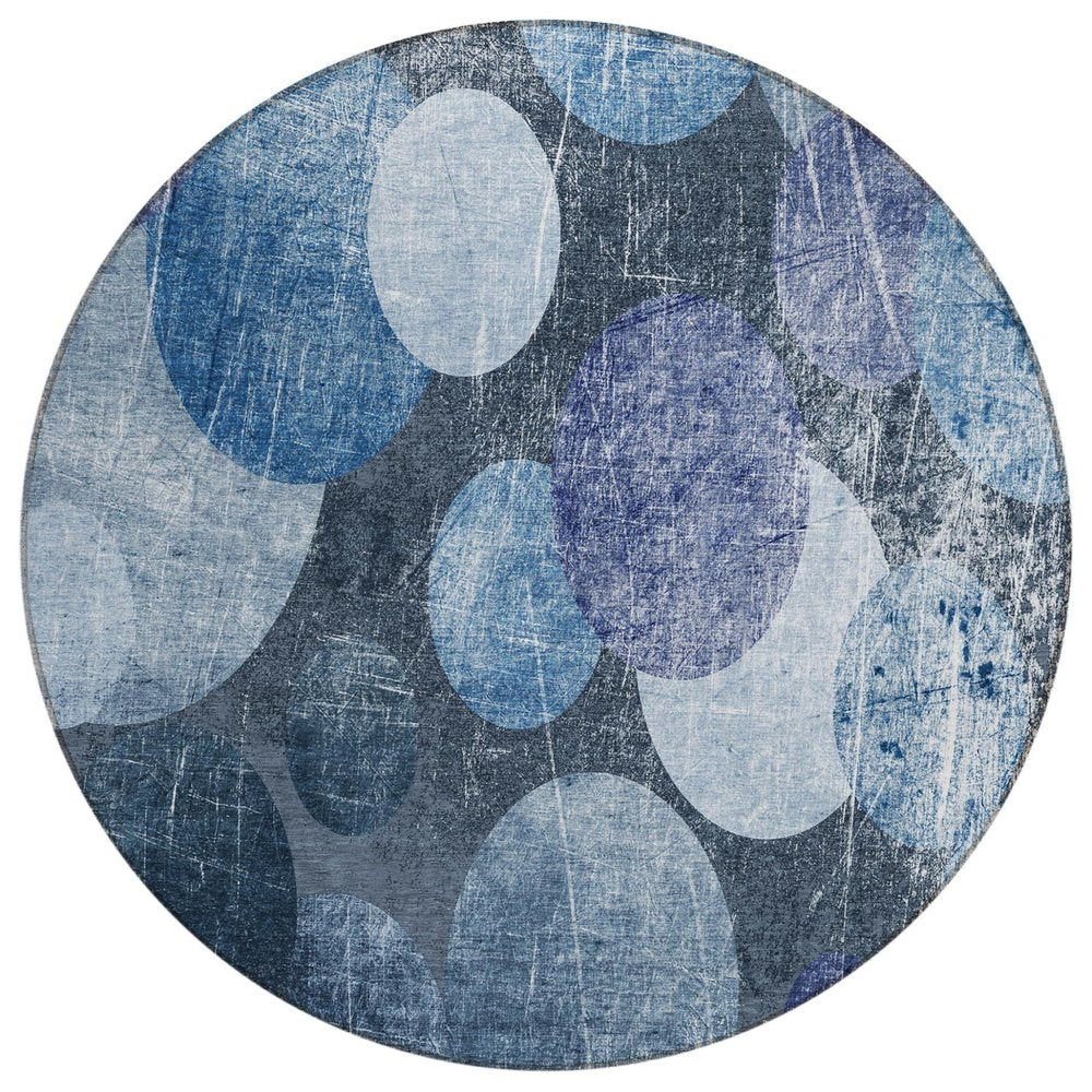 8' X 8' Gray and Blue Round Abstract Washable Non Skid Indoor Outdoor Area Rug HomeRoots