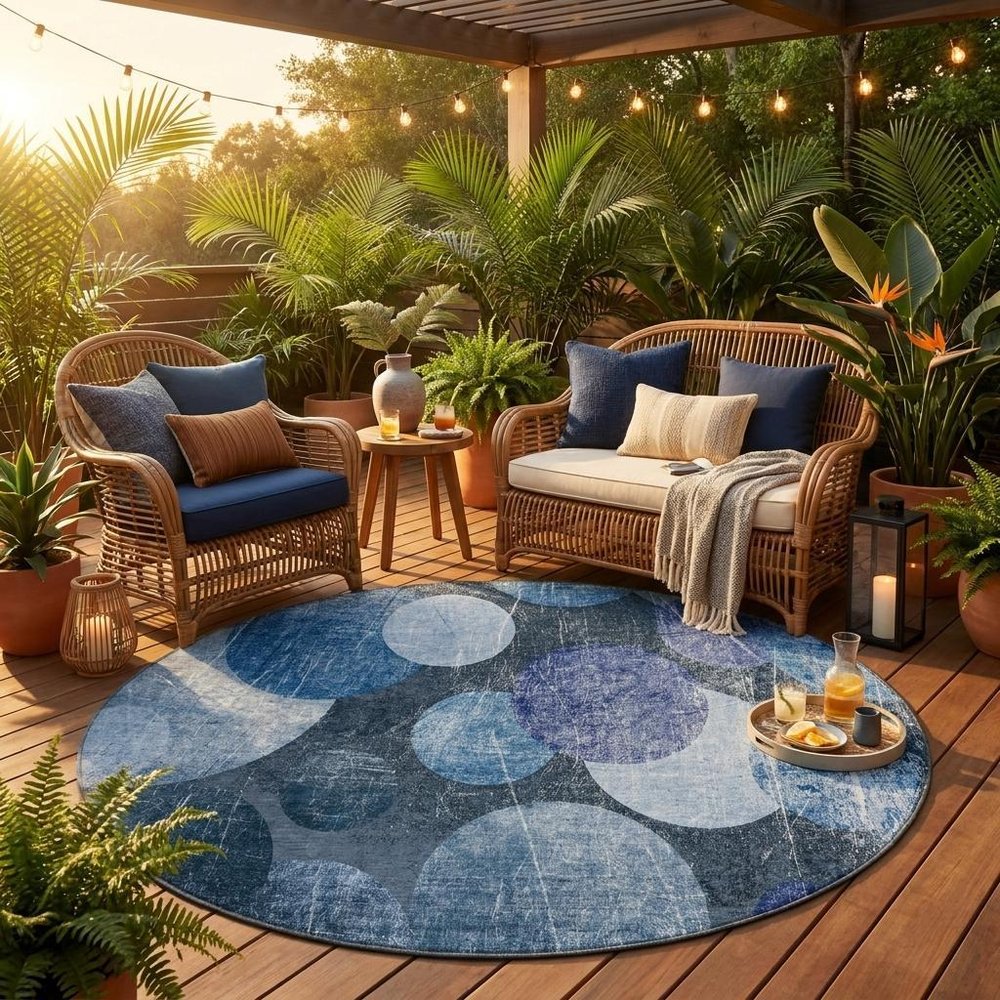 8' X 8' Gray and Blue Round Abstract Washable Non Skid Indoor Outdoor Area Rug HomeRoots