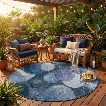 8' X 8' Gray and Blue Round Abstract Washable Non Skid Indoor Outdoor Area Rug HomeRoots