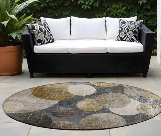 8' X 8' Brown Beige and Ivory Round Abstract Washable Non Skid Indoor Outdoor Area Rug