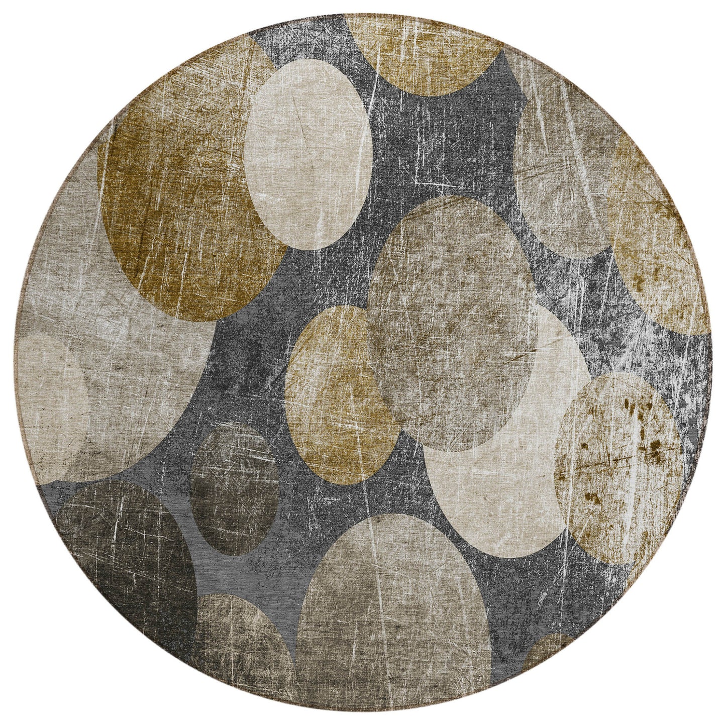 8' X 8' Brown Beige and Ivory Round Abstract Washable Non Skid Indoor Outdoor Area Rug