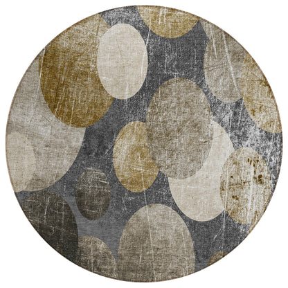 8' X 8' Brown Beige and Ivory Round Abstract Washable Non Skid Indoor Outdoor Area Rug