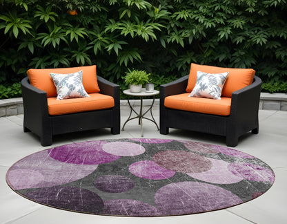 8' X 8' Gray and Purple Round Abstract Washable Non Skid Indoor Outdoor Area Rug